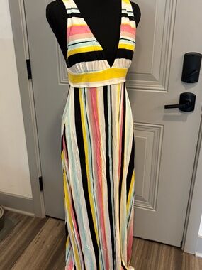 Skye by Victoria Secret Yellow-Black-Pink Striped V-Neck Maxi Dress